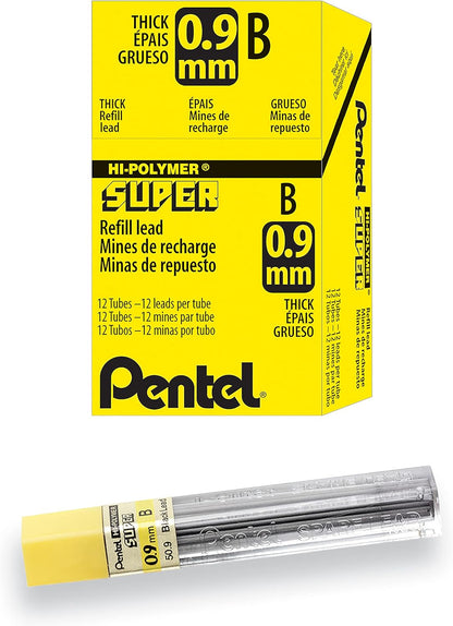 Pentel Super Hi-Polymer Lead Refill, (0.9mm) Thick, 2B, 180 Pieces of Lead, 12 Tubes of Lead (50-9-2B)