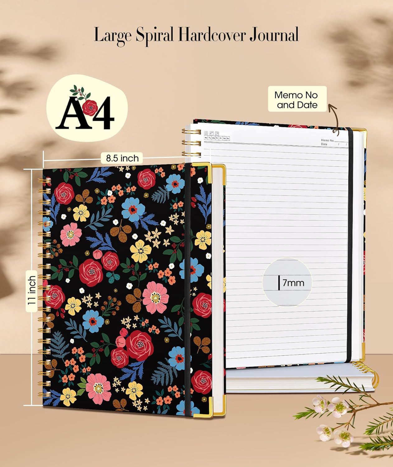 Cute Spiral Notebook Journal for Women, 200 Pages Lined Notebooks 8.5” x 11”, A4 Large Hardcover Spiral Journals with 100 GSM Thick Paper, College Ruled Notebook for Writing Work School, Orange Floral