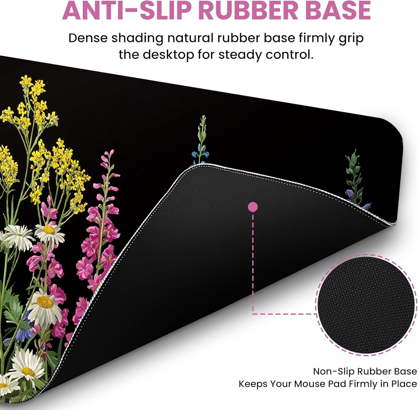 Large Mouse Pad for Desktop, Cute Desk Mat Pad Protector for Work & Gaming, Aesthetic Pretty Anti-Slip Laptop Blotter Cover for Office School Home Supplies, Wildflowers, 31.5" x 11.8"