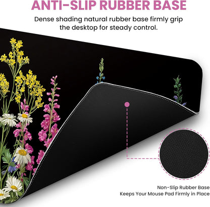 Large Mouse Pad for Desktop, Cute Desk Mat Pad Protector for Work & Gaming, Aesthetic Pretty Anti-Slip Laptop Blotter Cover for Office School Home Supplies, Wildflowers, 31.5" x 11.8"