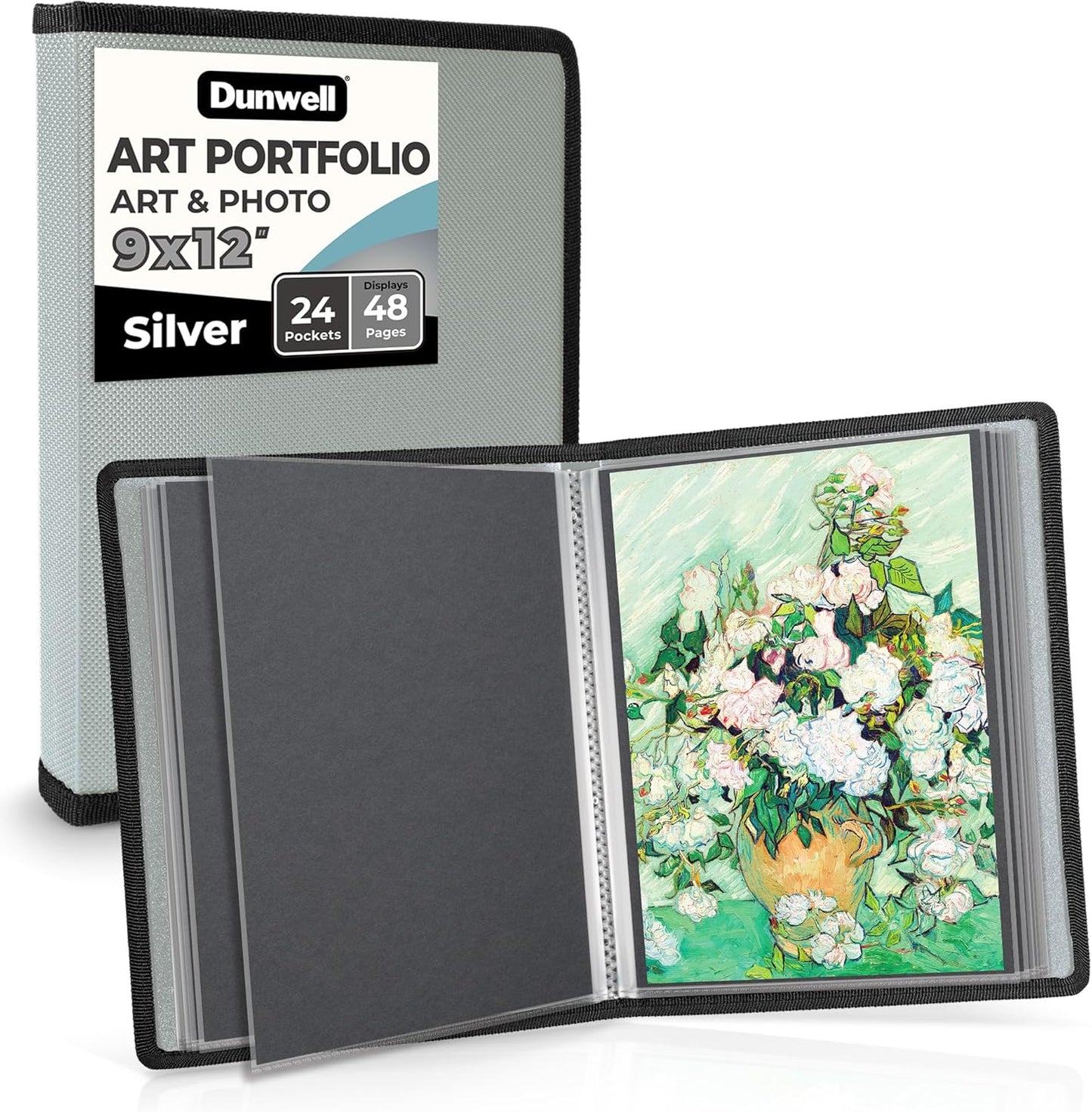 Dunwell Art Portfolio 8.5x11 Folder (Silver), Mounting Paper, Portfolio Binder for Artwork and 8.5 x 11 Documents Art Folder, 24 Pockets Display 48 Pages, Acid-Free Poly Presentation Book