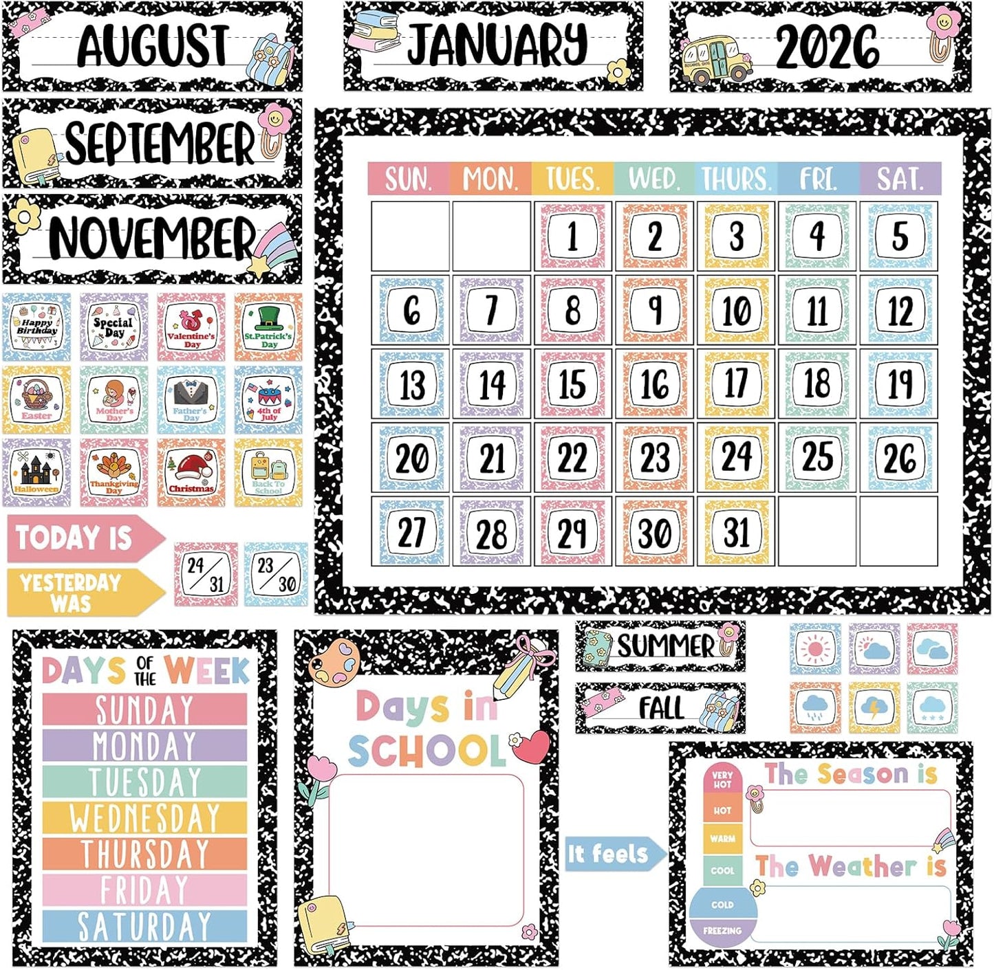 Whaline Composition Notebook Calender Bulletin Board Decorations Composition Classroom Calender Set with Chart Cutouts for Back to School Party Supplies