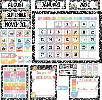Whaline Composition Notebook Calender Bulletin Board Decorations Composition Classroom Calender Set with Chart Cutouts for Back to School Party Supplies
