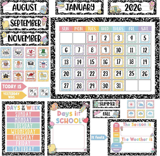 Whaline Composition Notebook Calender Bulletin Board Decorations Composition Classroom Calender Set with Chart Cutouts for Back to School Party Supplies