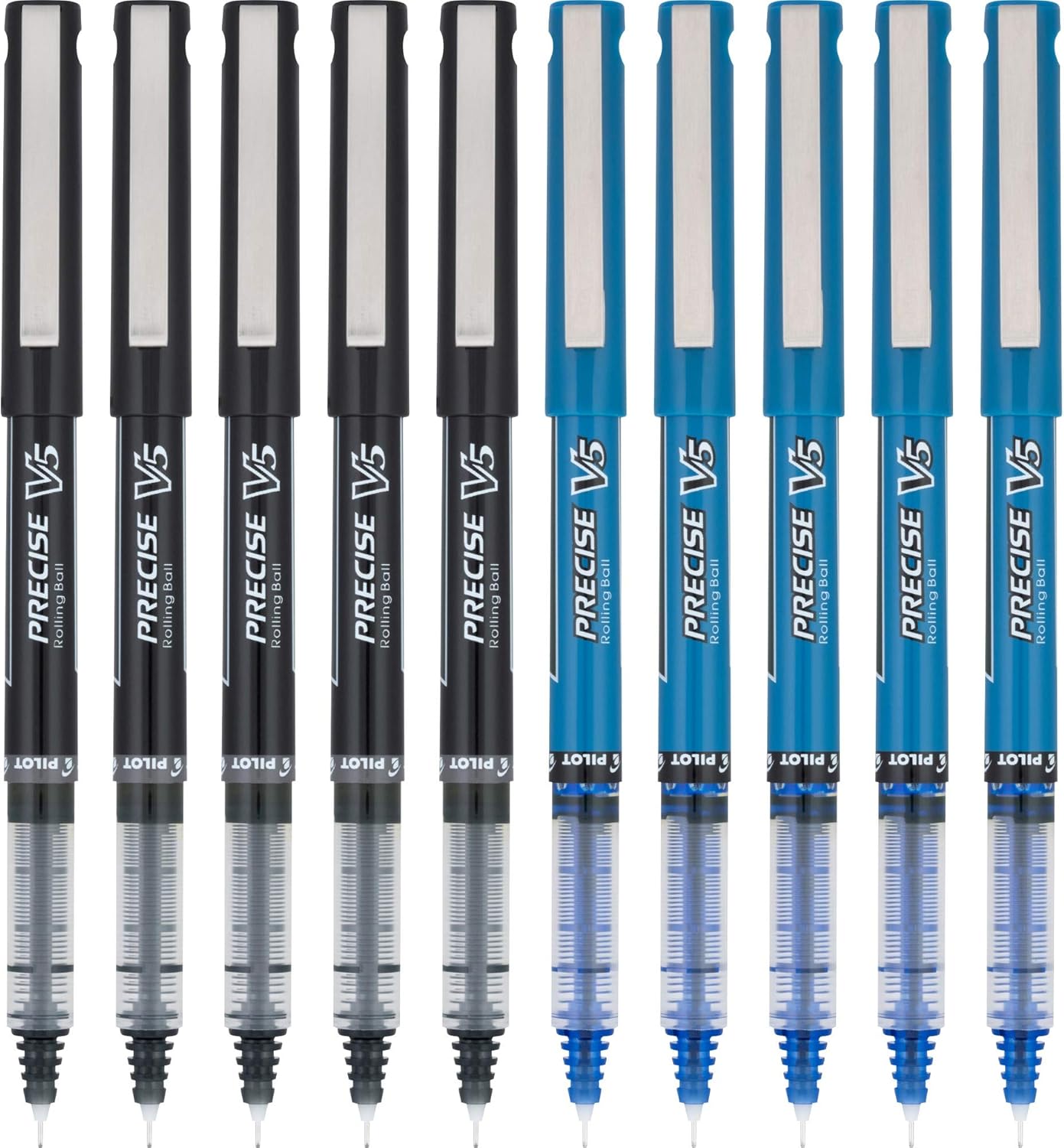 PILOT Precise V5 Rolling Ball Pen Extra Fine Point 0.5mm, 5 Black and 5 Blue Liquid Ink Rollerball Pens. pack of 10