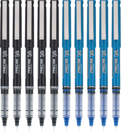 PILOT Precise V5 Rolling Ball Pen Extra Fine Point 0.5mm, 5 Black and 5 Blue Liquid Ink Rollerball Pens. pack of 10