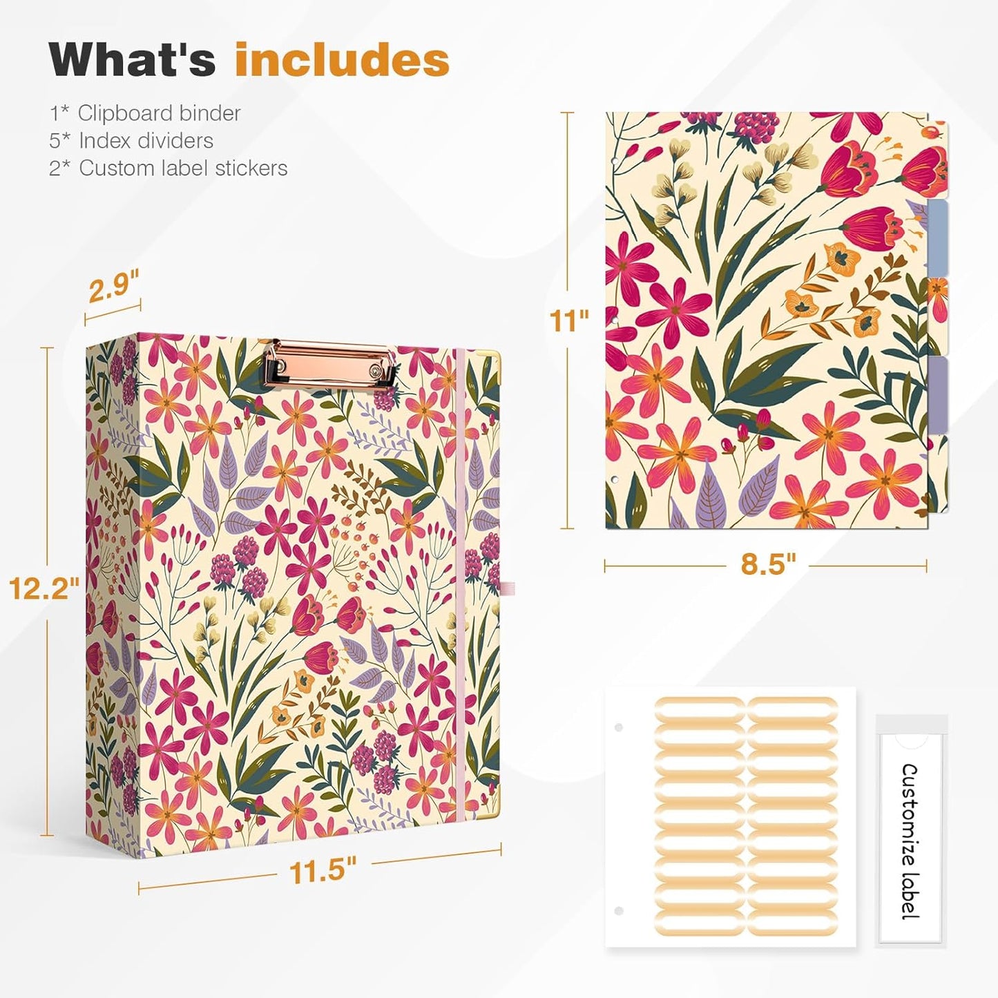 Ospelelf Binder 3 Ring 1 Inch, Floral Round Ring Clipboard Binder for Letter Size with 5 Tab Dividers, File Folder Labels, for School and Office Supplies