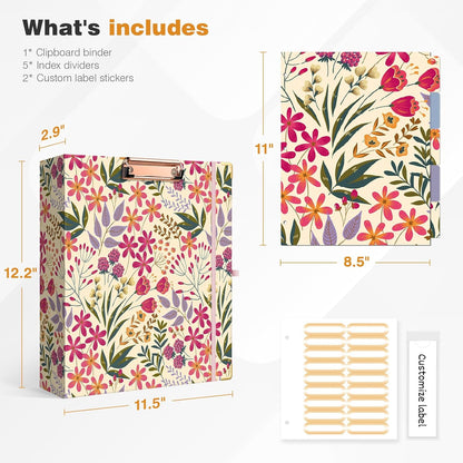 Ospelelf Binder 3 Ring 1 Inch, Floral Round Ring Clipboard Binder for Letter Size with 5 Tab Dividers, File Folder Labels, for School and Office Supplies