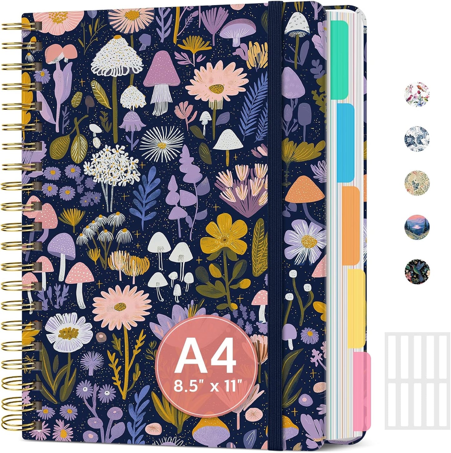 Large Lined Spiral Journal for Women Cute Hardcover 5 Subject Notebook for Work 8.5" x 11" with Removable Dividers & Tabs, College Ruled, 280 Pages Aesthetic Journal for Work, School & Note Taking, Garden of Whimsy