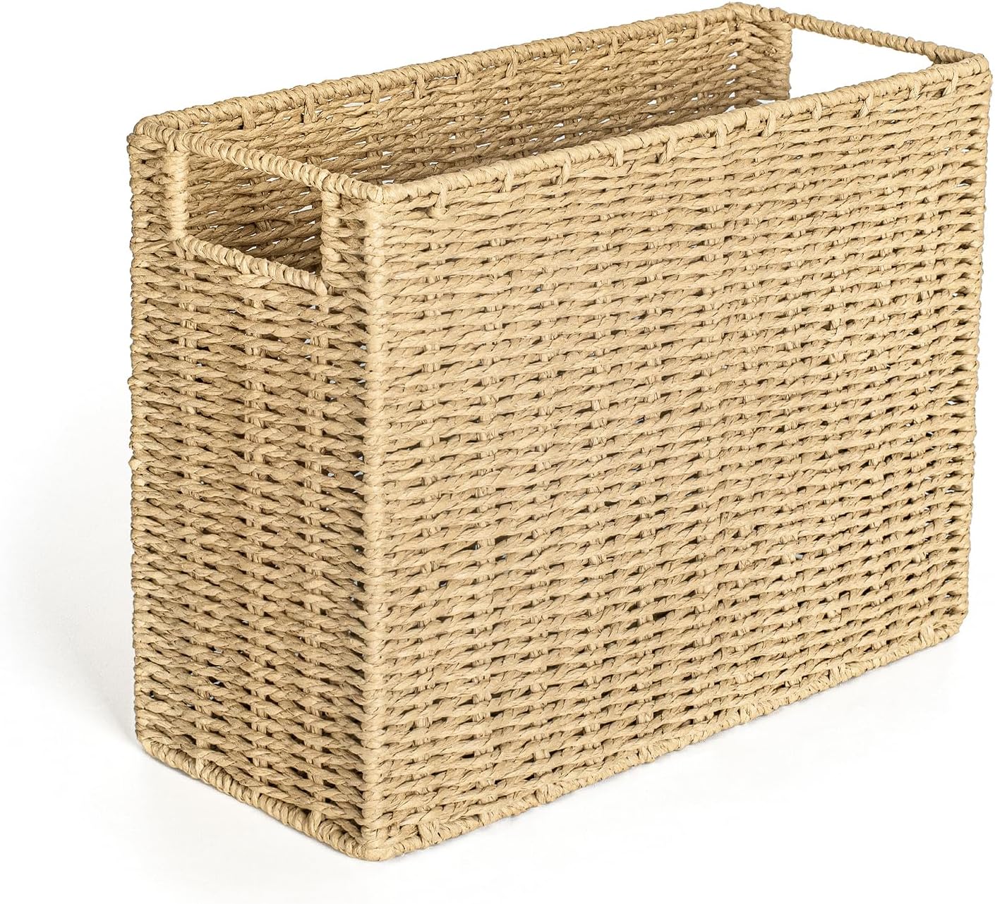 AELS Woven Natural Fibre Magazine Holder, Scalloped Edge Floor Magazine Rack, Hand-woven Organizer, Boho Modern Farmhouse Book Basket, File Newspaper Mail Holder for Office