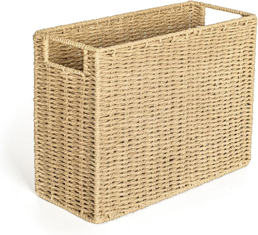 AELS Woven Natural Fibre Magazine Holder, Scalloped Edge Floor Magazine Rack, Hand-woven Organizer, Boho Modern Farmhouse Book Basket, File Newspaper Mail Holder for Office