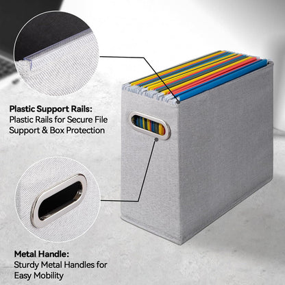 4 Pack Letter Size File Storage Box Collapsible, Fabric Hanging File Folders Organizer, Portable Office Document Holder with Metal Handle, Smooth PVC Rails, Beige