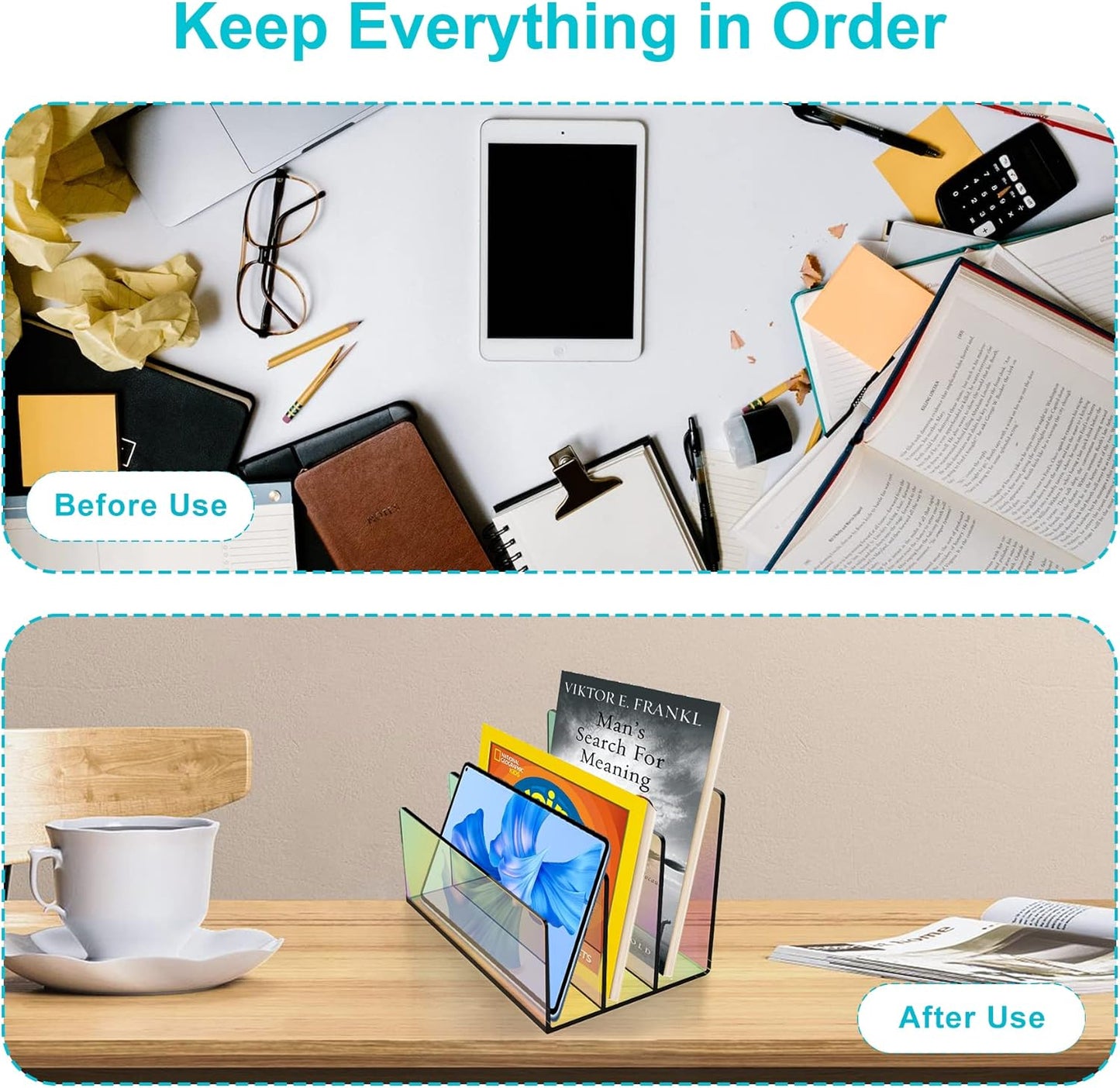 Boloyo Acrylic File Holder,1PC 2 Sections Rainbow File Organizer Mail Letter Sorter Desktop Folder Holder for Home Office School Envelope Bill Filling Paper Document