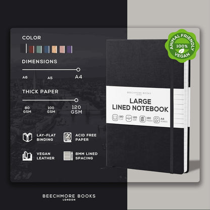 BEECHMORE BOOKS Large Lined Journal Notebook, 8.5" x 11.5" (A4) Hardcover Vegan Leather Executive Diary for Work, Thick 120gsm Paper, Lay-Flat Binding, Gift Box