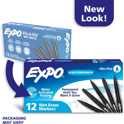 EXPO Wet Erase Markers, Semi-Permanent, Black, Ultra Fine Tip, 12 Count - For Writing on Glass, Whiteboards, Mirrors, Calendar, Labeling, Organizing