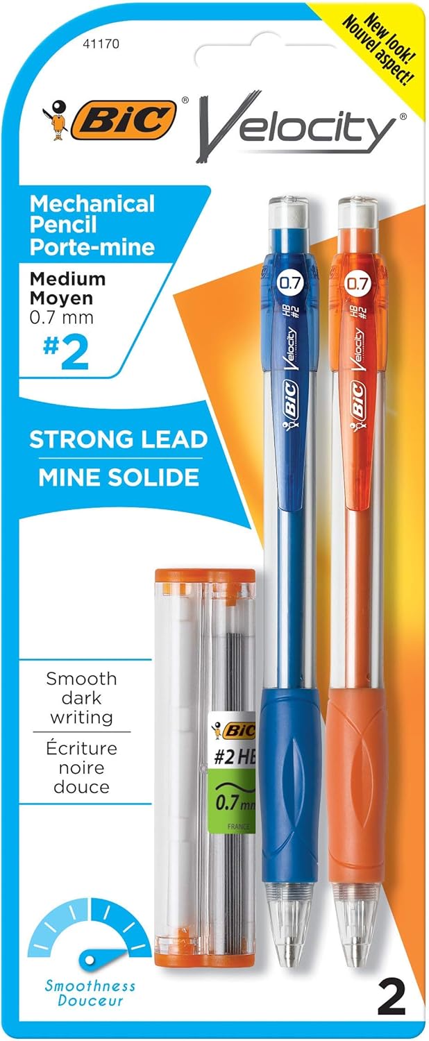 BIC Velocity Mechanical Pencils, With Colorful Barrel, Medium Point (0.7mm), 4-Count Pack Mechanical Pencils With Eraser and Lead Refills
