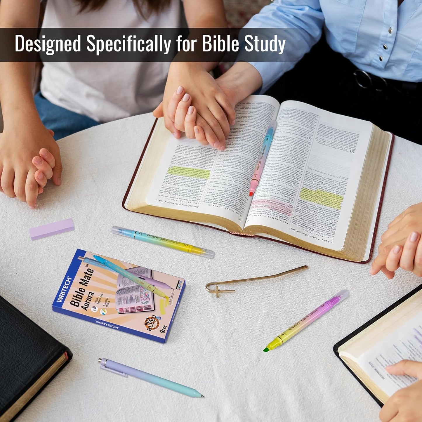 WRITECH Bible Mate Journaling Set: No Bleed Bible Highlighters & 0.7mm Black Ink Ballpoint Pens, Fast-Drying Ink, Pastel Colors Highlighter, Journaling Kit, 9ct