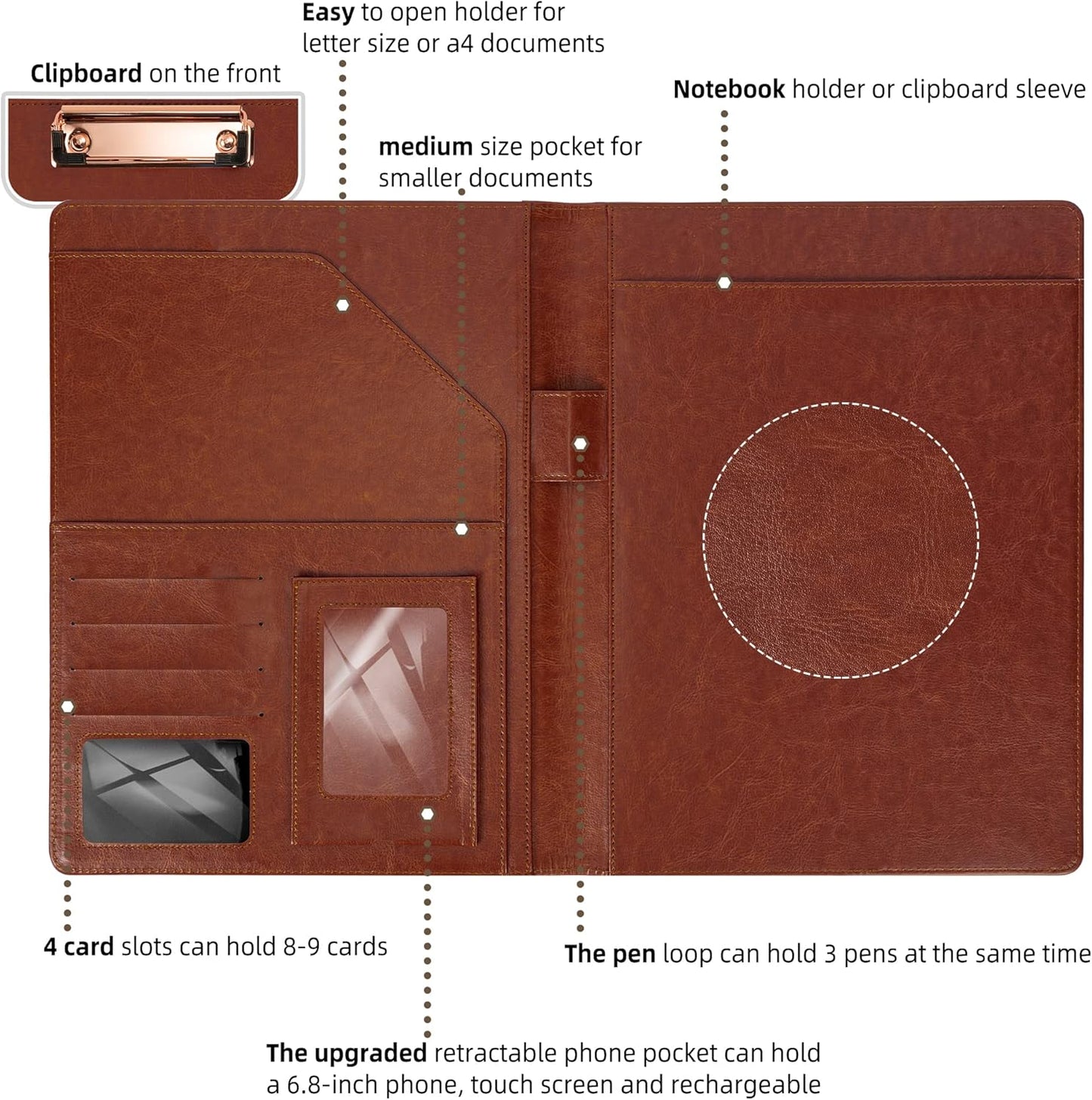 Clipboard Folio Folder Portfolio with Notepad-Pocket Business Card Holder Brown Faux PU Leather Portfolio