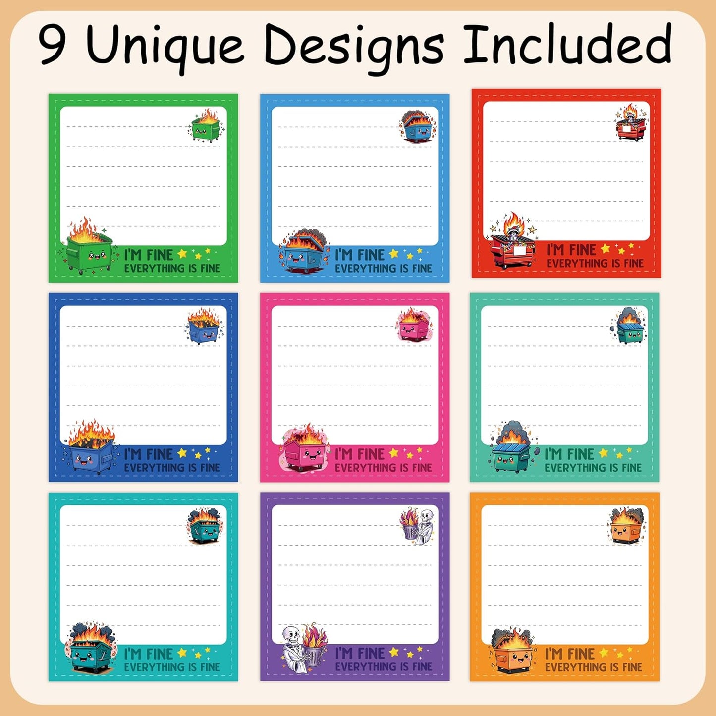 Dumpster Fire Sticky Notes 9 Pack, Funny Dumpster Fire Notepads for Work Stress Relief, Cute Self-Stick Memo Note Pads for Office, Humorous Gifts for Coworkers Students School Office Supplies 3×3 Inch