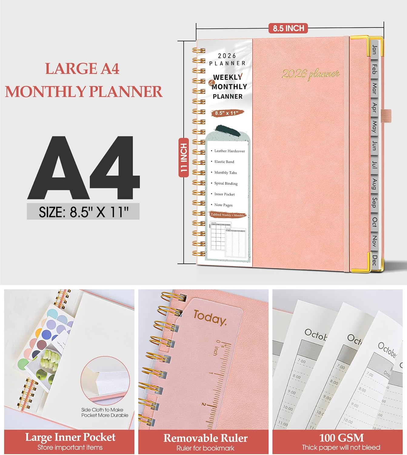 2026 Planner, Weekly and Monthly Calendar Planner from January 2026 - December 2026, 8.5" x 11" Hardcover Leather Hourly Appointment Book with Tabs, Spiral Daily Planners for School Work Home, Green