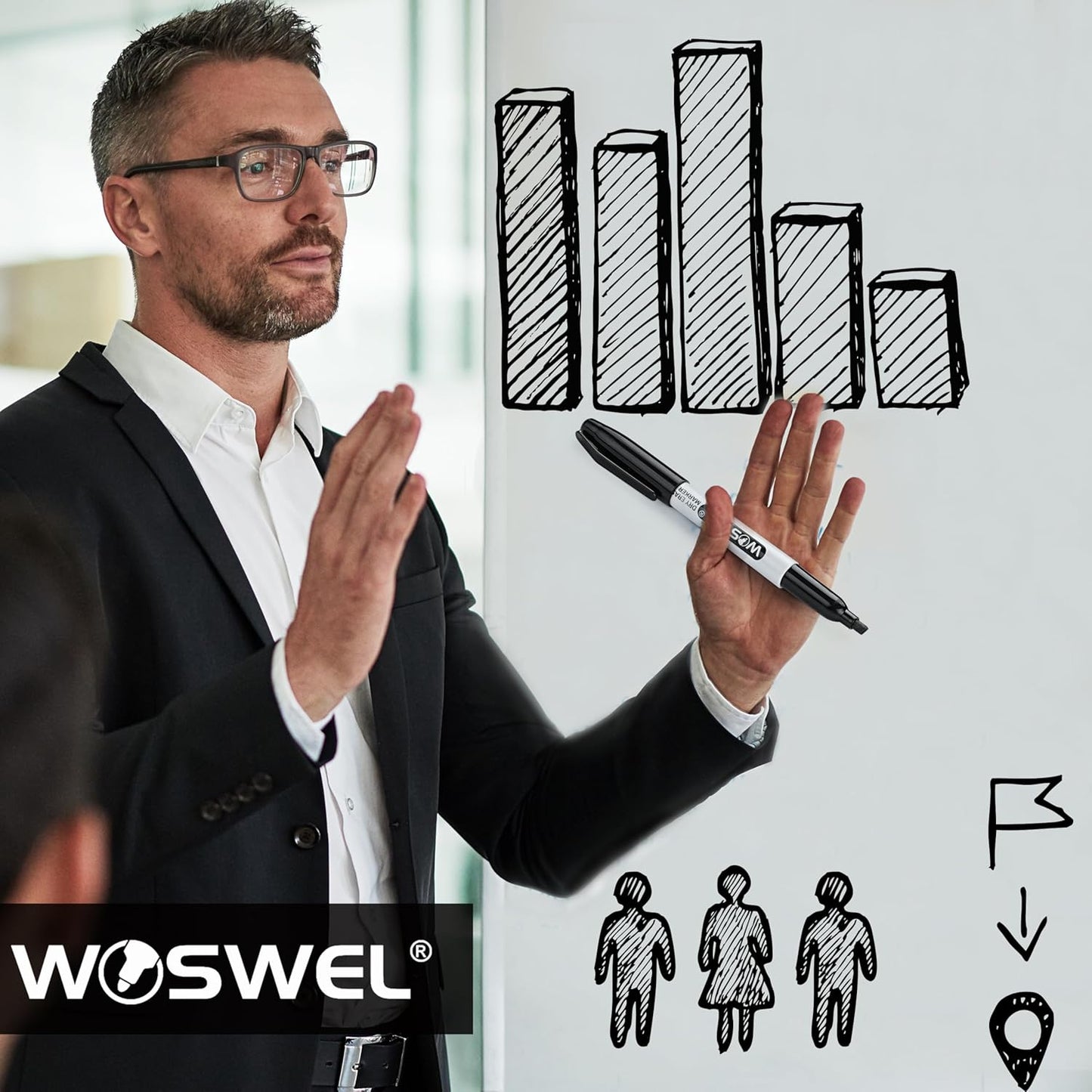 WOSWEL Dry Erase Markers,24 Pack Black Chisel Tip Whiteboard Markers, Chisel Point Low Odor Dry Erase Marker for School Office and Home