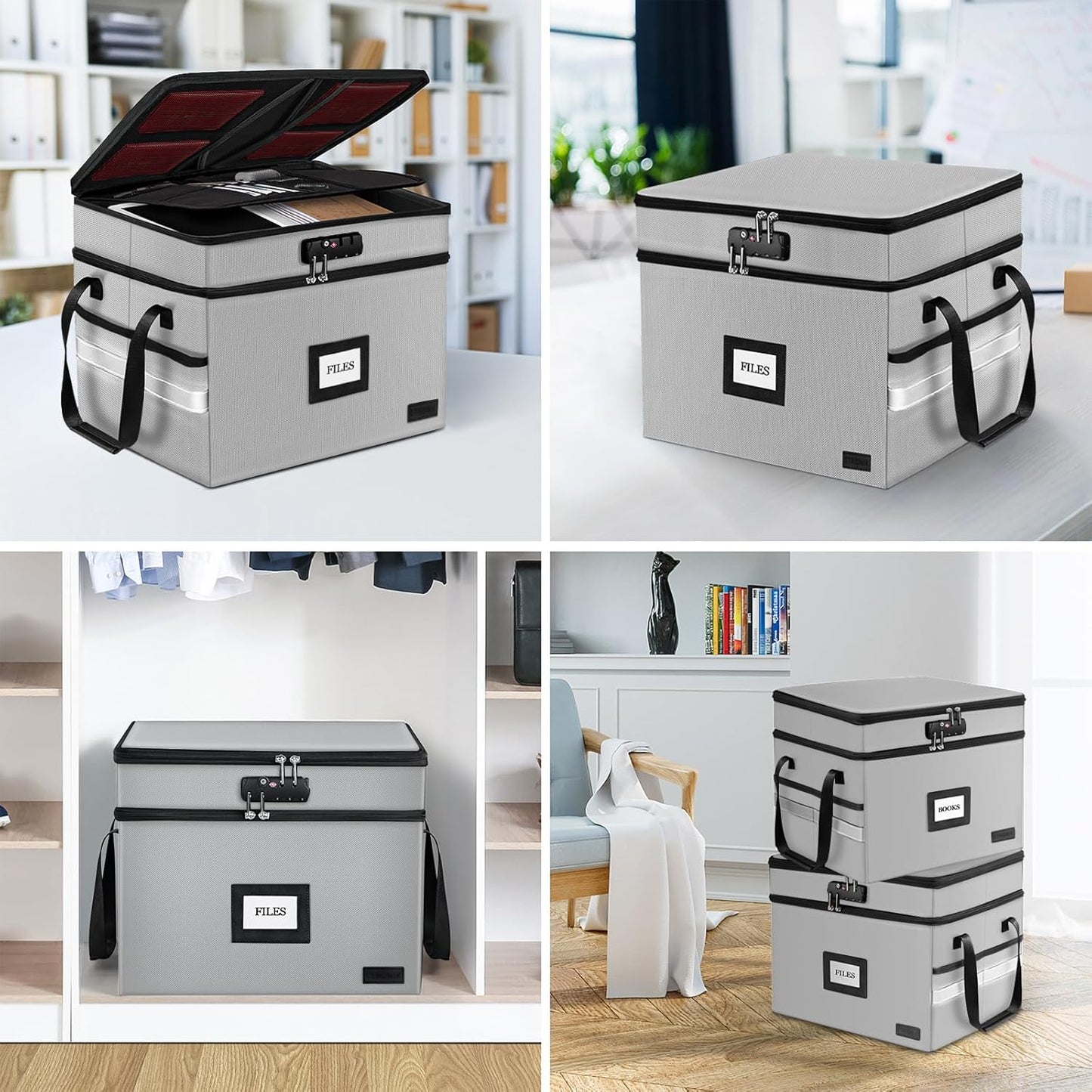 ETRONIK Fireproof Document Box with Lock, 2 Layer File Cabinet Organizer with 5 Tab Inserts, Portable Office Collapsible File Storage with Reflective Strip for Hanging Letter, Legal Size Folder