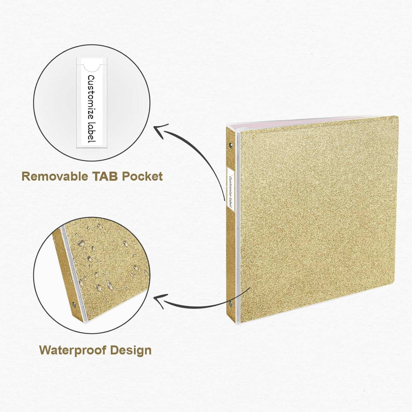 EYROZILL 3 Ring Binders 1 Inch Round Rings Binder Gold Binder Holds 8.5" x 11" Letter Size 300 Sheets, Waterproof, Gold