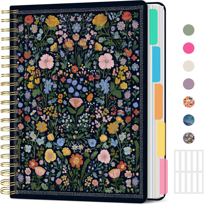 Large Lined Spiral Journal for Women Cute Hardcover 5 Subject Notebook for Work 8.5" x 11" with Removable Dividers & Tabs, College Ruled, 280 Pages Aesthetic Journal for Work, School & Note Taking, Garden of Whimsy