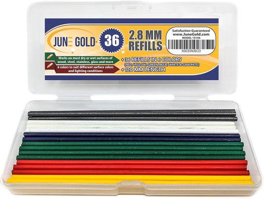 June Gold 36 Colored 2.8 mm Lead Refills, 6 Colors, Deep or Long Reach Nose & Nib Pencil Refills