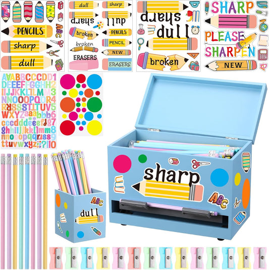 Watersay 107 Pcs Pencil Dispenser Kit for Classroom Wooden Sharp and Dull Pencil Holder 50 Pencils 50 Sharpener 5 Sticker Classroom Teacher Must Have Straw Dispenser for Back to School(Wood Color)