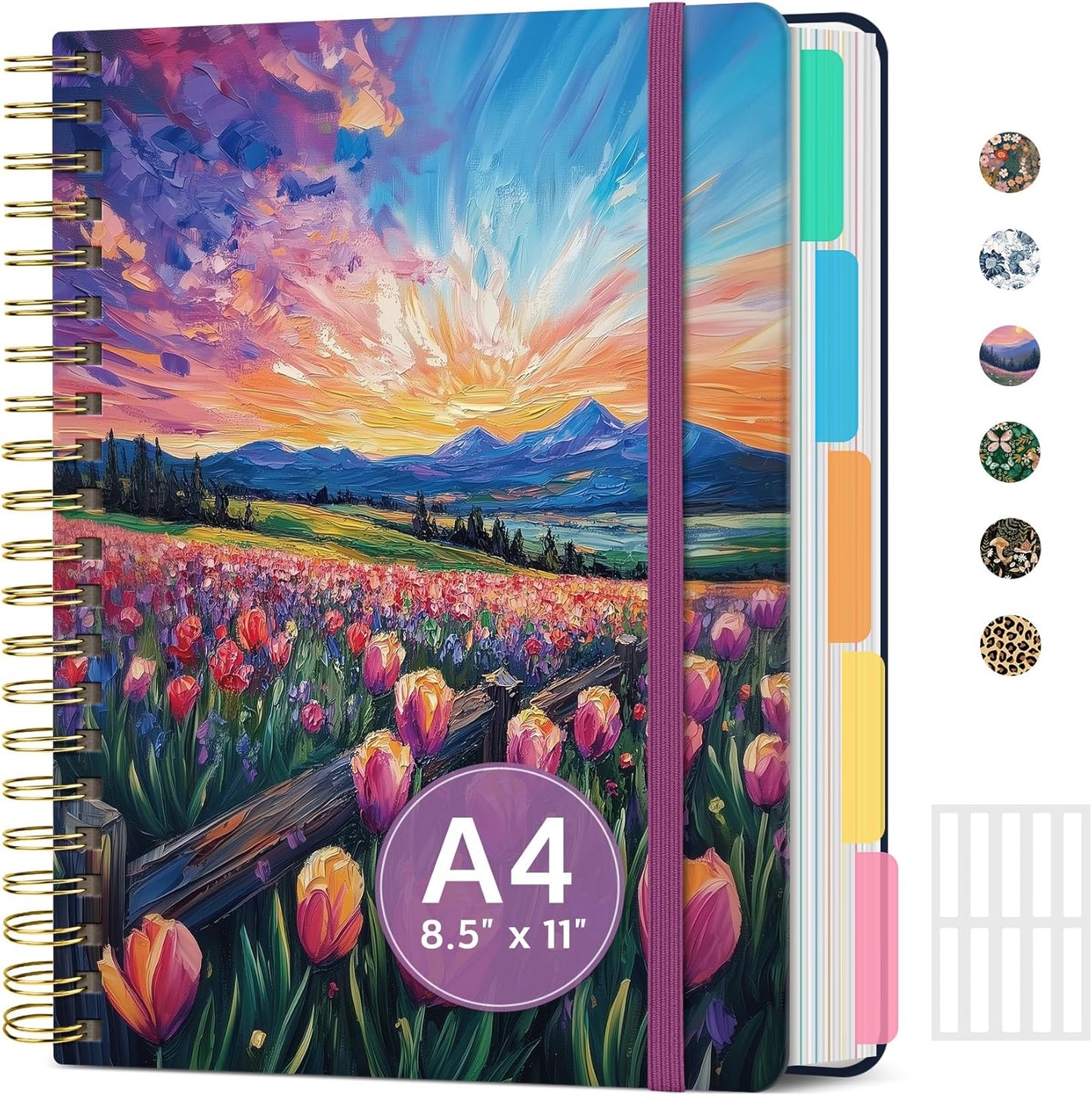 Large Spiral Notebook with Dividers & Tabs, 8.5" x 11" Hardcover 5 Subject Notebook for Work, 280 pages, College Ruled, Cute Journal for Women, Perfect for Study & Office Note Taking, Garden