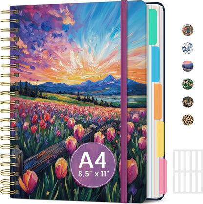 Large Spiral Notebook with Dividers & Tabs, 8.5" x 11" Hardcover 5 Subject Notebook for Work, 280 pages, College Ruled, Cute Journal for Women, Perfect for Study & Office Note Taking, Garden