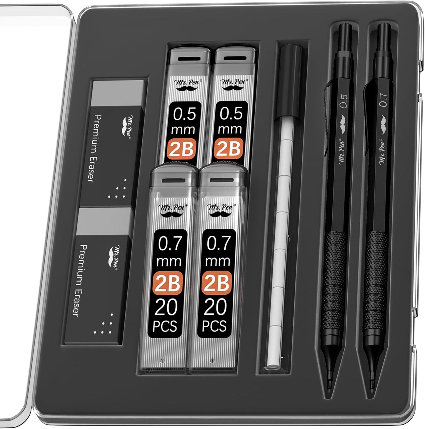 Mr. Pen- Metal Mechanical Pencil Set with Lead Refills & Erasers, 2 Pack, 2 Sizes, 0.5 & 0.7mm, 4x Tubes 2B Lead Refill, 2x Erasers for School Supplies, Note Taking, Drawing, Sketching, Office