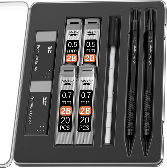 Mr. Pen- Metal Mechanical Pencil Set with Lead Refills & Erasers, 2 Pack, 2 Sizes, 0.5 & 0.7mm, 4x Tubes 2B Lead Refill, 2x Erasers for School Supplies, Note Taking, Drawing, Sketching, Office