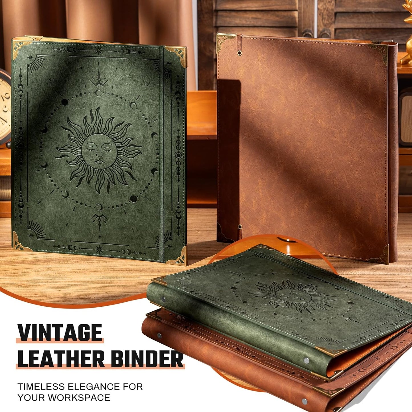 Ovesmusl Leather 3 Ring Binder Fits 8.5"x11" Letter Size Paper, 1 Inch Round Ring Binder Holds 200 Sheets, Notebook Cover Loose Leaf Organizer, Green Tree
