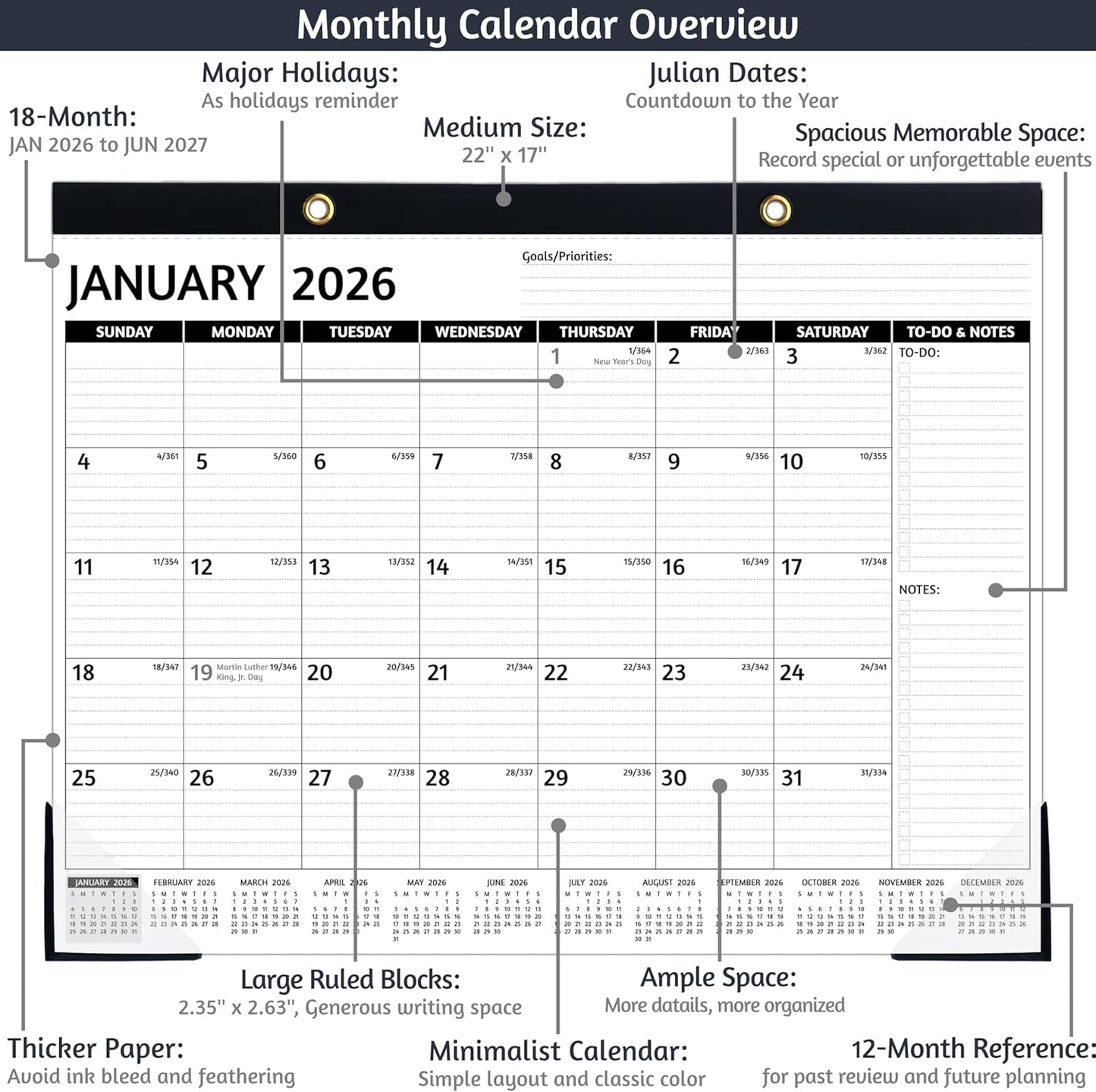 2026-2027 Desk Calendar – Run Now to MAR. 2027, 18 Monthly Desk Calendar 2026-2027 Large, 17'' x 12'', Best Desk/Wall Calendar 2026 with To-do Lists, Desk Pad, Ruled Blocks, Corner Protectors