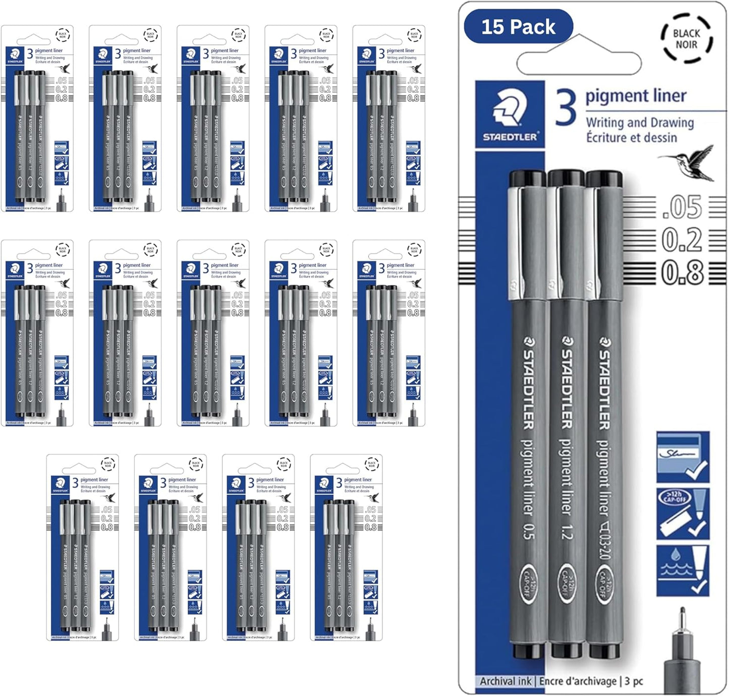 Staedtler Pigment Liner Pack, Black, 8 Pens, Assorted Line Widths, 0.05mm, 0.1mm, 0.2mm, 0.3mm, 0.5mm, 0.8mm, 1.0mm, 1.2mm