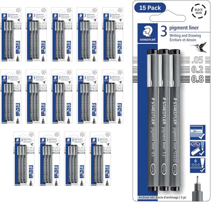 Staedtler Pigment Liner Pack, Black, 8 Pens, Assorted Line Widths, 0.05mm, 0.1mm, 0.2mm, 0.3mm, 0.5mm, 0.8mm, 1.0mm, 1.2mm