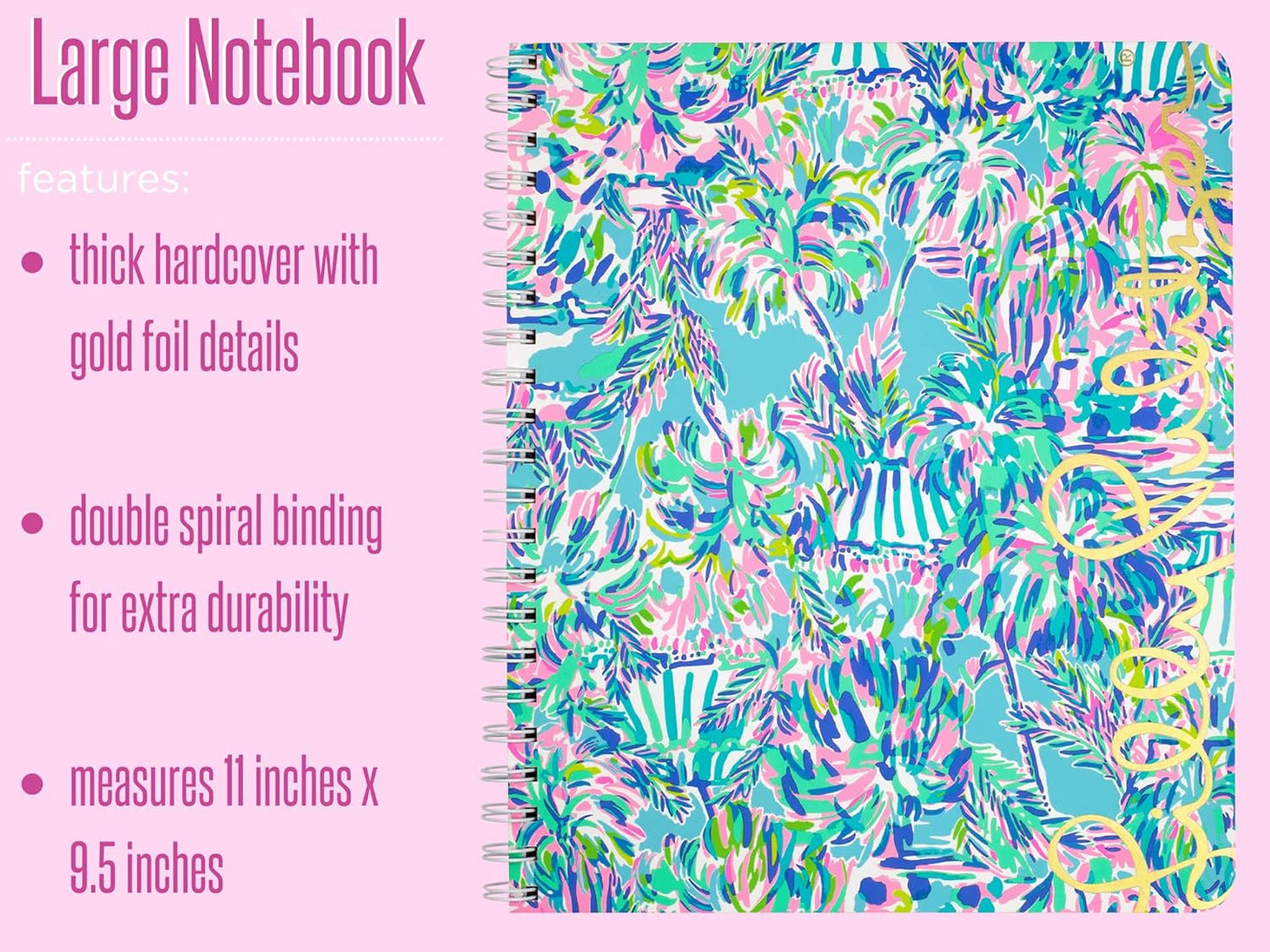 Lilly Pulitzer Large Blue Hardcover Spiral Notebook, 11" x 9.5" with 160 College Ruled Pages, Cabana Cocktail