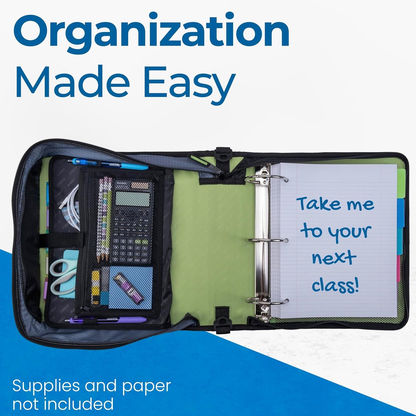 Case-it Mighty Zip Tab School Zipper Binder | 3-Inch O-Rings, 600-Sheet Capacity, 5-Subject Expanding File Folder, Multiple Pockets & Storage Organizer, Shoulder Strap | D-146 Jet Black