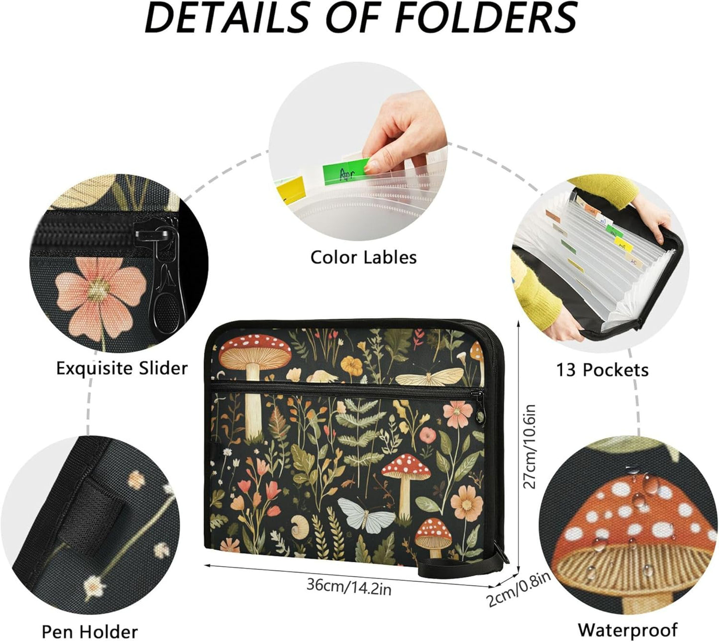 Mushroom Botanical Dragonflies Butterflies Expanding File Folder with Sticky Labels, 13 Pockets Accordion File Folder Document Organizer Expandable Zip File Folder with Zipper Closure