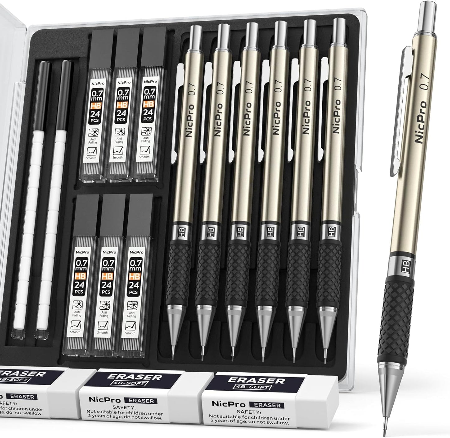 Nicpro 0.7 mm Art Mechanical Pencil Set in Storage Case, 3 PCS Metal Drafting Pencil Lead Pencil with 6 Tube HB Lead Refills, 3 Erasers, 9 PCS Eraser Refills for Artist Writing, Drawing, Sketching