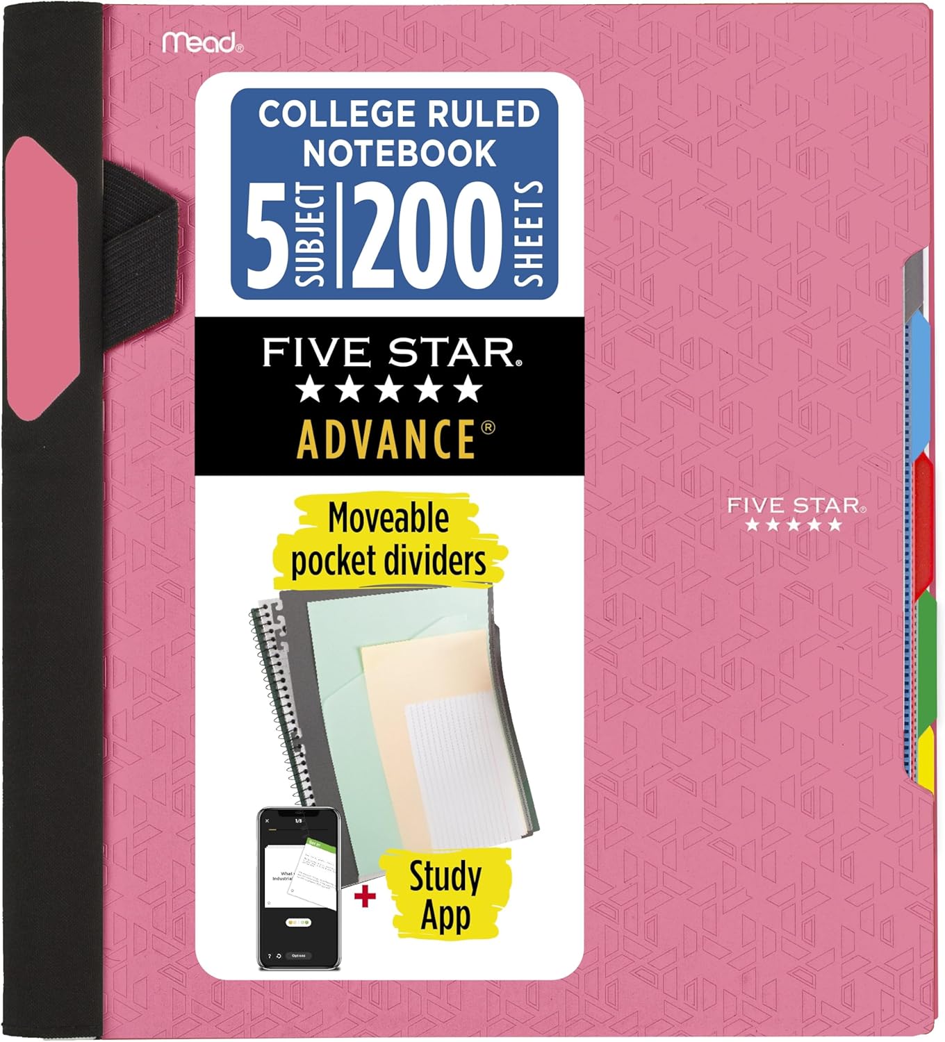 Five Star Advance Spiral Notebook + Study App, 5 Subject, College Ruled Paper, 8-1/2" x 11", 200 Sheets, Spiral Guard, Movable Tabbed Dividers, Black (73144)