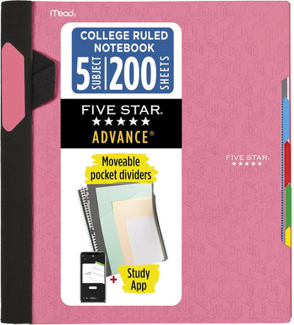 Five Star Advance Spiral Notebook + Study App, 5 Subject, College Ruled Paper, 8-1/2" x 11", 200 Sheets, Spiral Guard, Movable Tabbed Dividers, Black (73144)