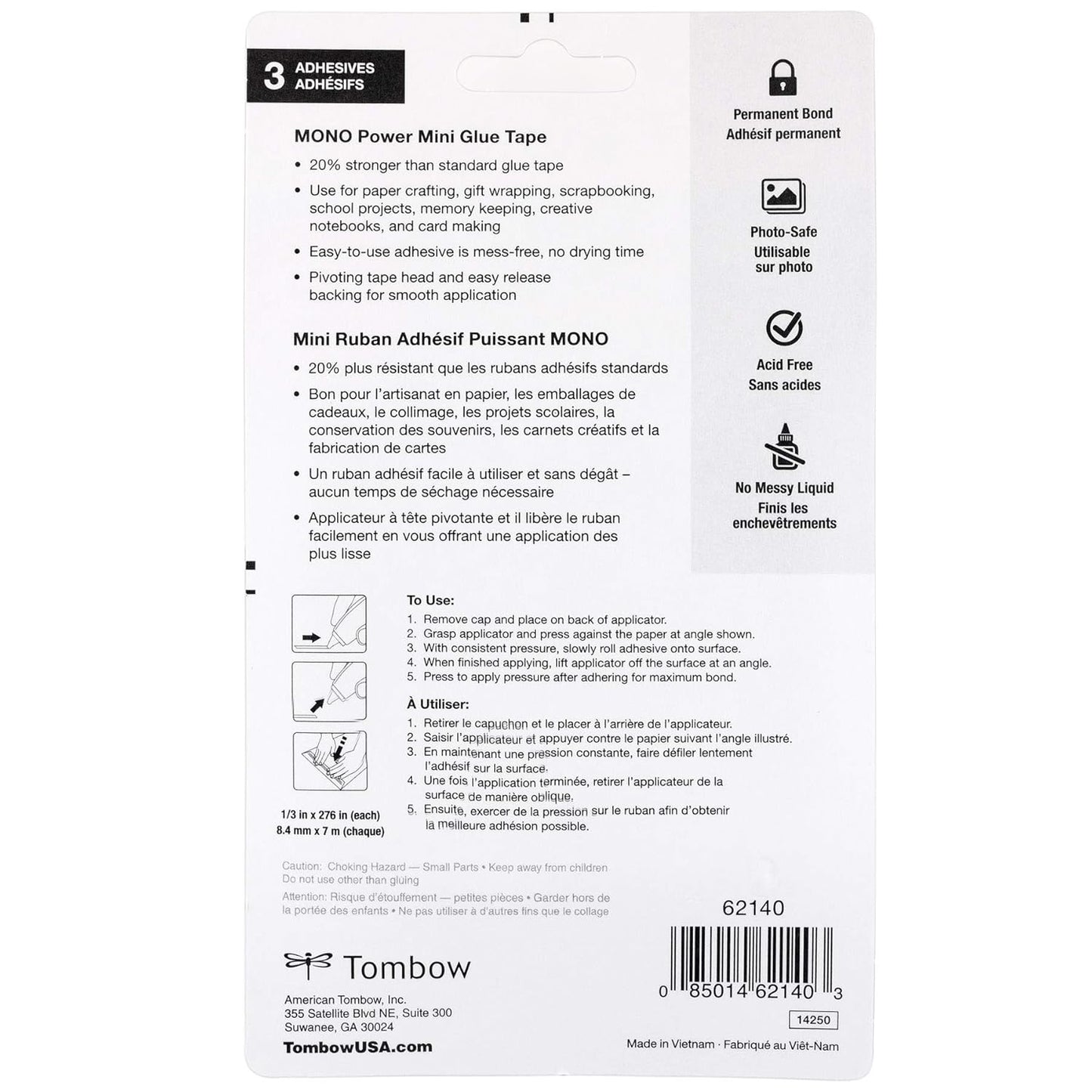 Tombow 62140 Power Mini Glue Tape, 3-Pack. Easy to Use Compact Applicators for Strong, Permanent Bond