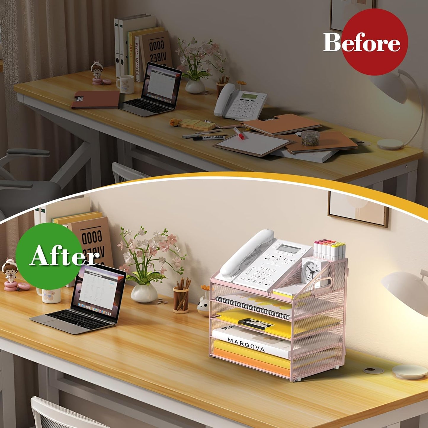 Letter Tray Paper, 4 Tier Desk Organizer with Pen Holder and Handle Mesh File Organizer Paper Sorter Metal Desktop Document Shelf for Office Home Classroom -Black