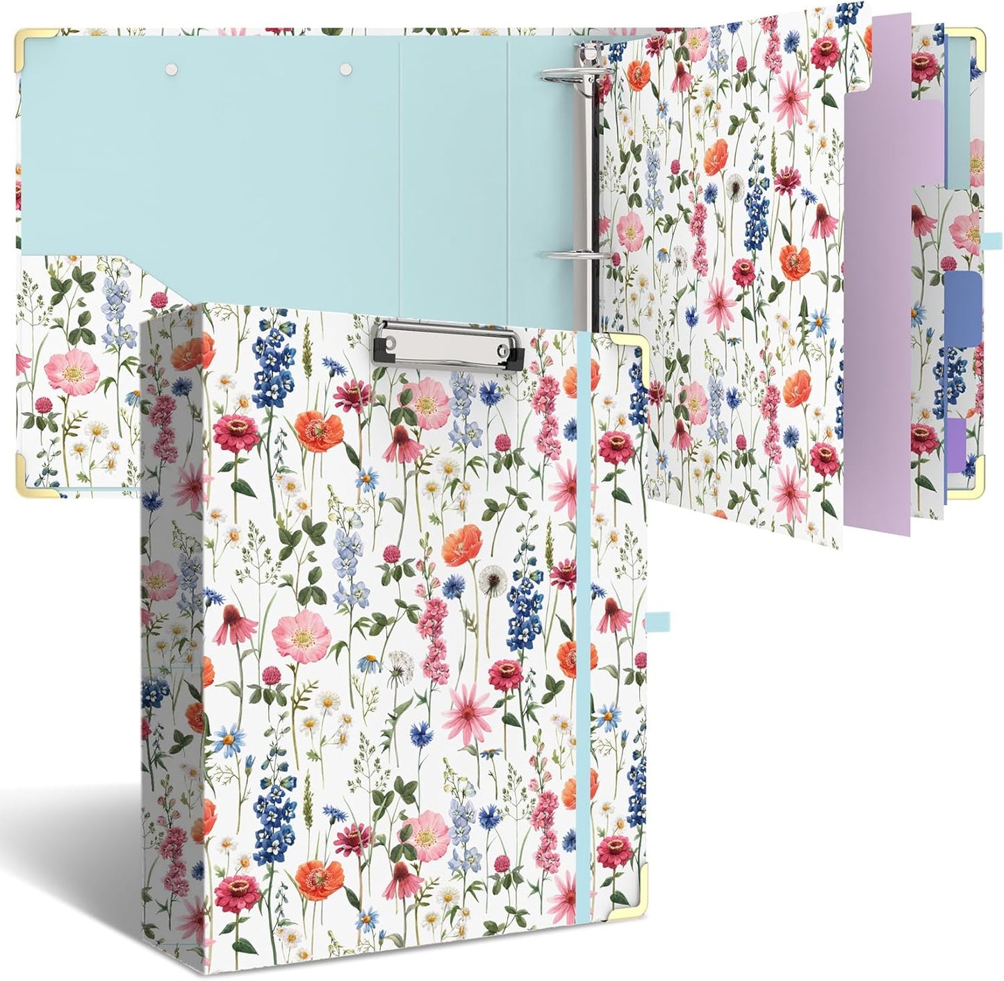 3 Ring Binder 2 Inch Round Ring Binder with 6 Tab Dividers，2 Interior Pockets，Cute Binder Clipboard with Storage, for School Office, Portfolio(Almond Tree)