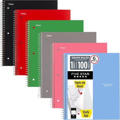 Five Star Spiral Notebook + Study App, 1 Subject, Graph Ruled Paper, 8.5" x 11", 100 Sheets, Assorted Colors, 6 Pack (73549)