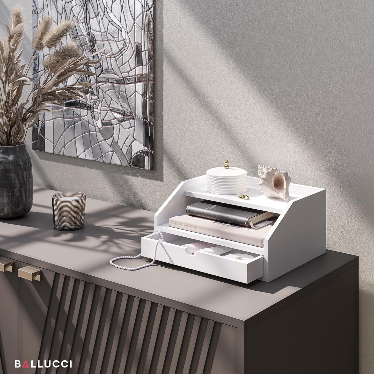 Ballucci Desk Organizer with Drawer, 2 Tier Paper Office Supplies Desk Organizer, 13 2/5" x 9 3/5" x 6", Black