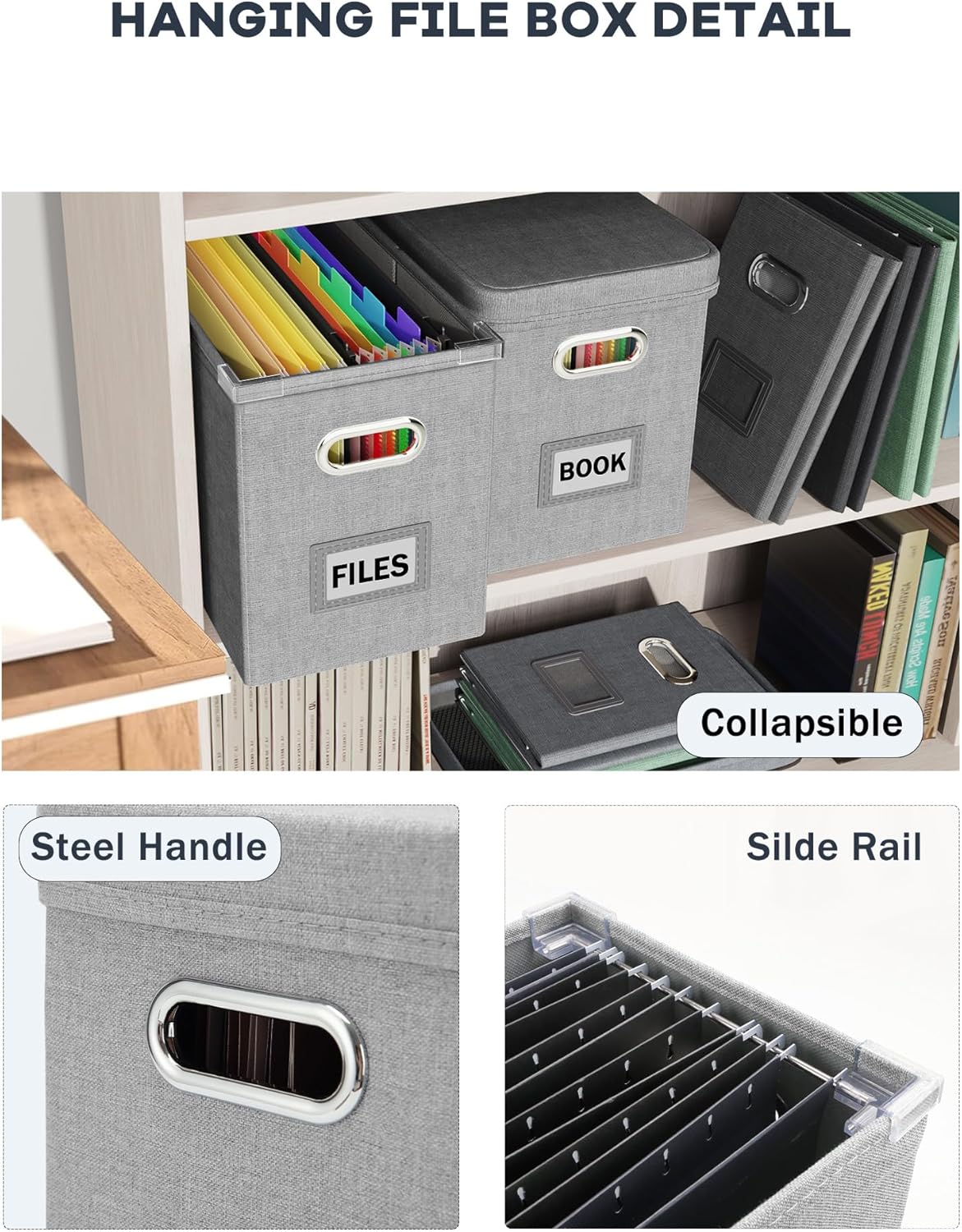 Oterri File Organizer Box with Lid, Hanging Filing File Box with Mesh Pocket, Document Organizer Box for Letter Files, Portable Storage Box with Smooth Sliding Rail for Office&Home (1 PCS, Beige)